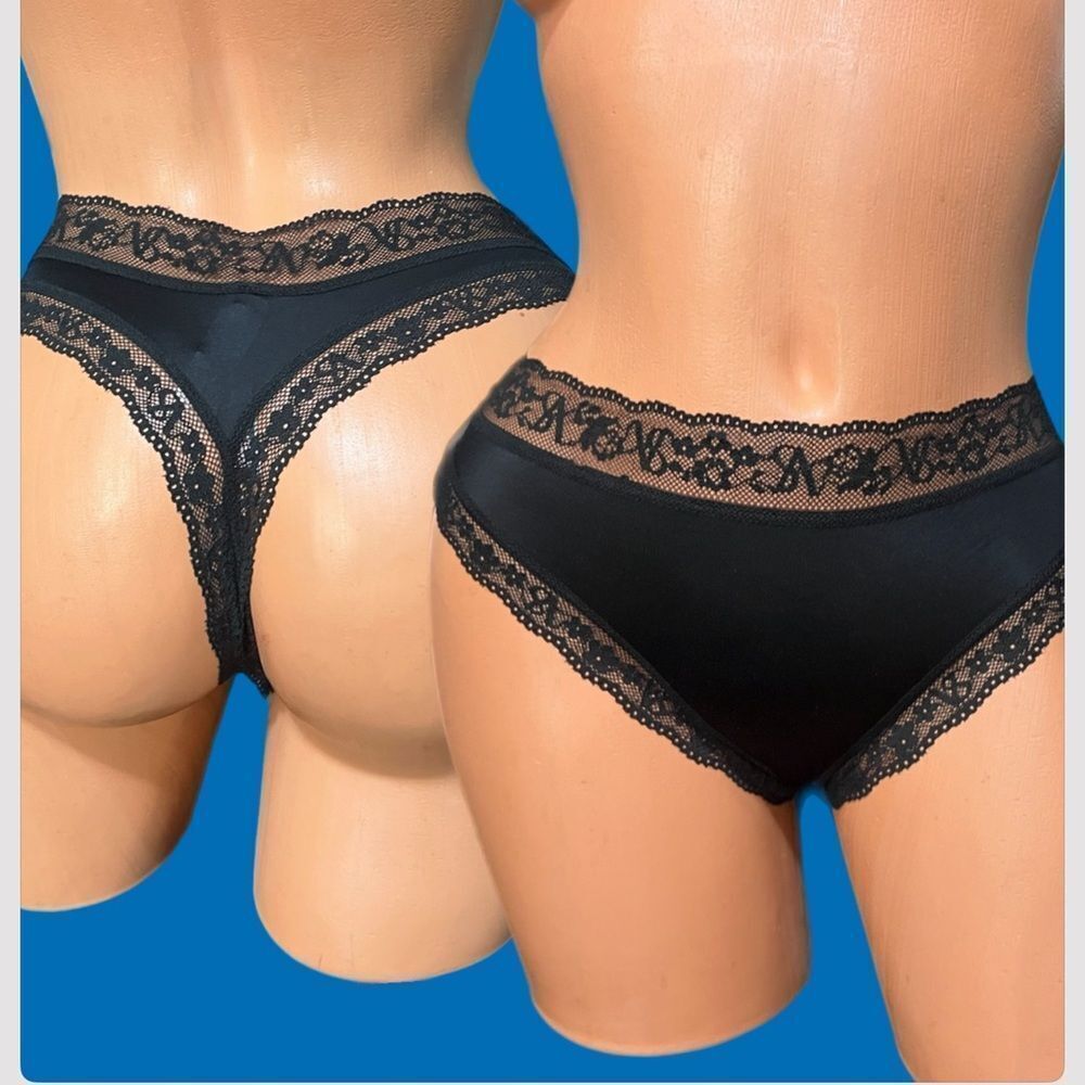 Victorias Secret Very Sexy Smooth Satiny & Lace Detail Thong panty Black Large